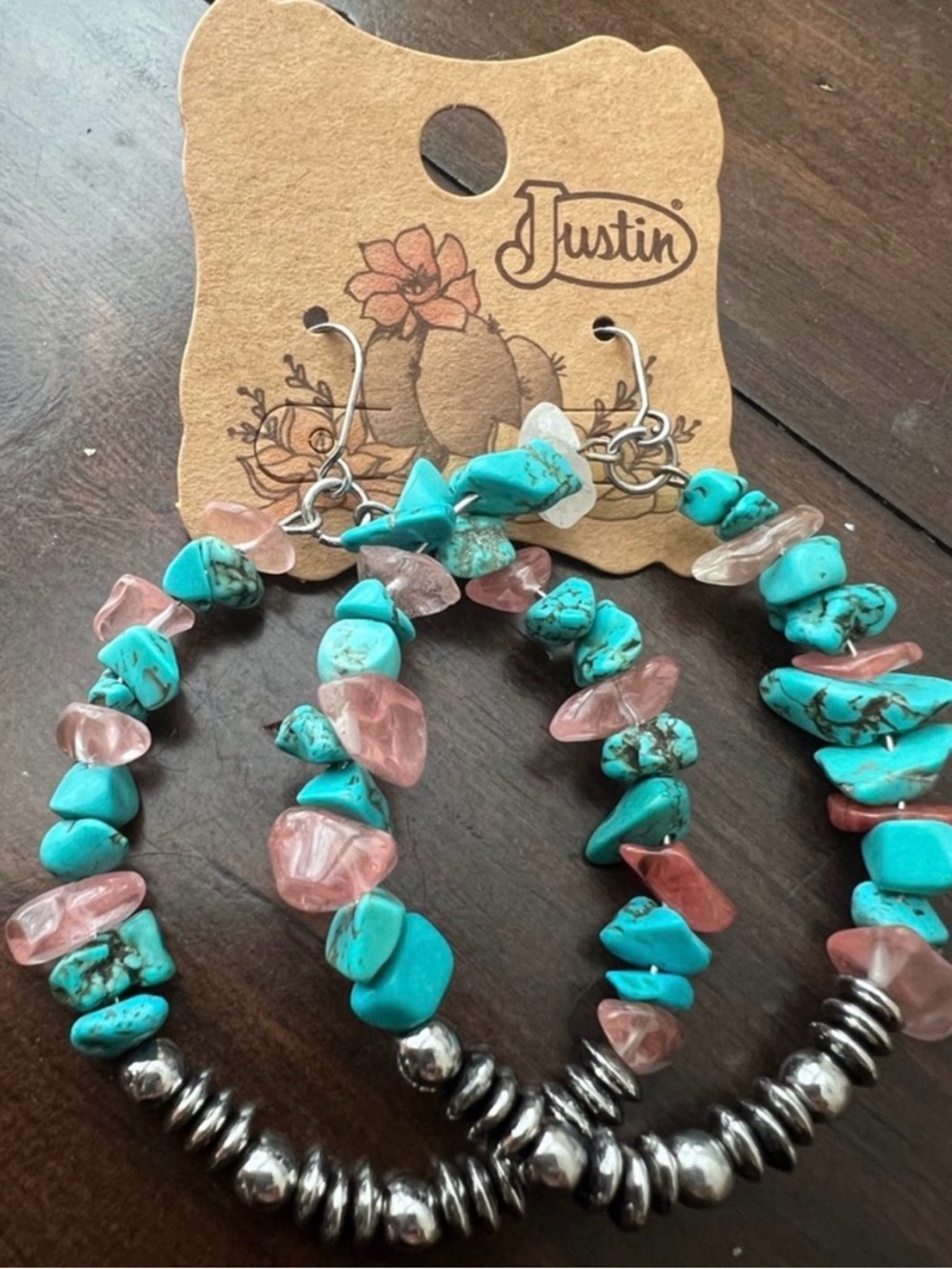 Justin Boots Turquoise and Pink Chip Hoop Earrings with Silver Accents
